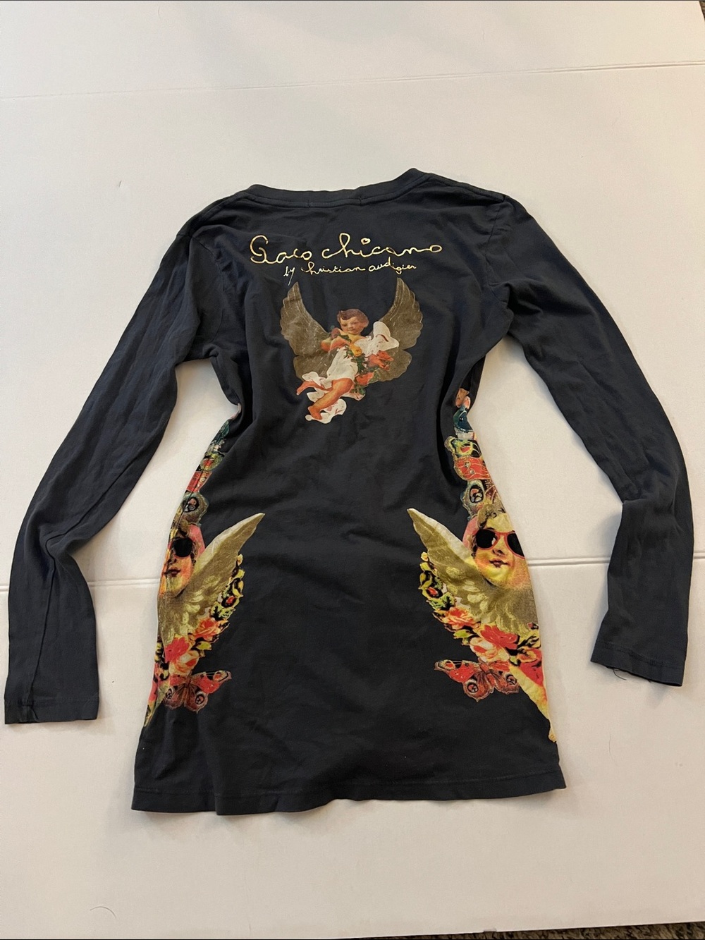 Vintage Y2K Christian Audigier Paco Chicano Black Cherub Cotton top Size XS - Picture 11 of 13